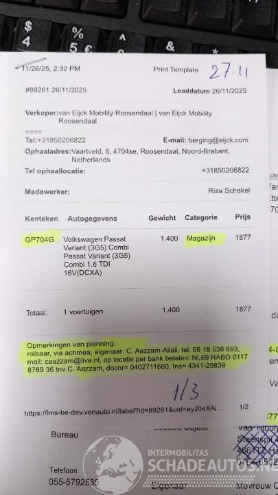 Volkswagen Passat Passat Variant (3G5) Combi 1.6 TDI 16V (DCXA) [88kW]  (08-2014/11-2020=
)